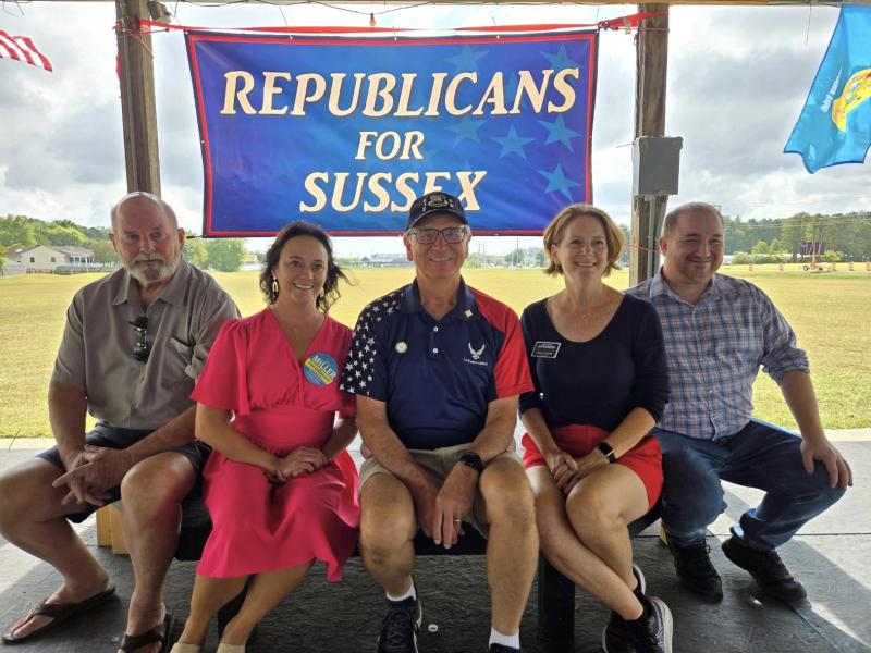 Local candidates attending the ice cream social pause for a photo in the pavilion. Shown are (l-r) John Whalen III for U.S. Congress, Nikki Miller for Representative District 20, Jeff Hilovsky for Representative District 4, Kim Hoey Stevenson for Senate District 6 and Norman “Jay” Jones for Sussex County Clerk of the Peace. SUBMITTED PHOTOS